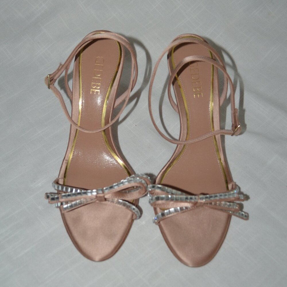 Sz 37.5 Gedebe Cecile Satin Nude Rhinestone Bow Detail 3.5" Strappy Heels - Picture 3 of 9